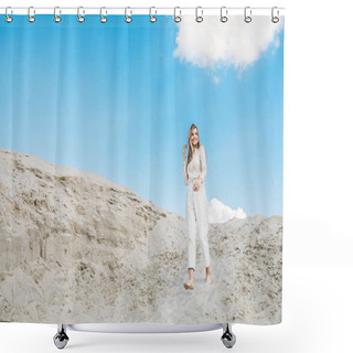 Personality  Beautiful Woman In White Fashionable Clothes Posing On Sand Dune With Blue Sky Shower Curtains