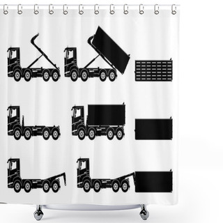 Personality  Silhouettes Of Roll On-off Hook Loading Skip Truck. Set Of Skip Trucks With Containers. Side View Of Roro Skips. Flat Vector. Shower Curtains