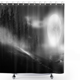 Personality  Dramatic Black And White Background. Cloudy Night Sky, Moonlight, Reflection On The Pavement. Smoke And Fog On A Dark Street At Night. Night Futuristic Landscape, Cold Night. Shower Curtains