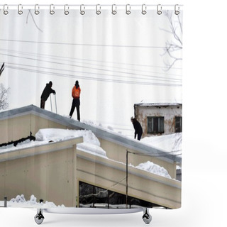 Personality  Three Men Clean The Roof Of The Building From The Snow. Shower Curtains
