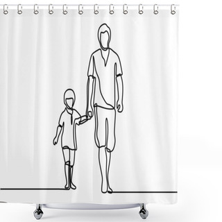 Personality  One Line Drawing Of Father And His Son Walking Minimalist Design. Happy Young Daddy Holding His Son Walking And Story Telling All The Way. The Character Dad Walks With The Child. Shower Curtains