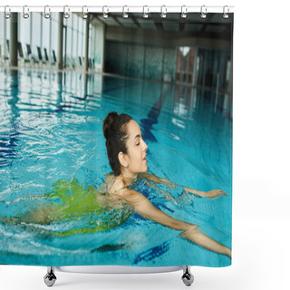 Personality  A Brunette Woman In A Swimsuit Joyfully Swims In A Pool, In A Playful Manner. Shower Curtains