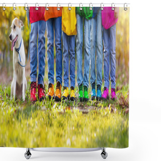 Personality  Rainbow Kids Shoes. Children And Dog Play Outdoor In Sunny Autumn Park. Hiking Footwear For Fall Walk Fun. Active Child Clothing And Warm Boots. Rain Weather Wear. Boy And Girl Fashion. Shower Curtains