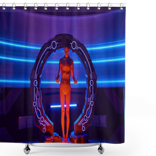 Personality  Futuristic Technologies, Full Length Of Alien Standing In High-tech Device In Experimental Lab Shower Curtains