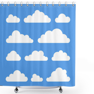 Personality  Set Of Funny Clouds In Flat Style On Blue Background. Hand Drawn Illustration Cartoon Sky. Creative Art Work. Actual Vector Weather Drawing Shower Curtains