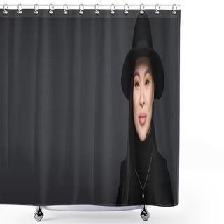 Personality  Portrait Of Asian Woman In Fedora Hat Looking At Camera Isolated On Dark Grey, Banner  Shower Curtains