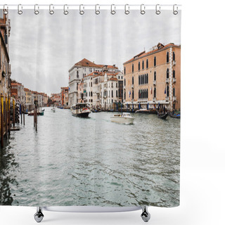 Personality  VENICE, ITALY - SEPTEMBER 24, 2019: Motor Boats With Tourists Floating On Grand Canal In Venice, Italy  Shower Curtains