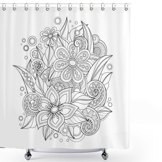 Personality  Monochrome Floral Illustration In Doodle Style With Decorative Composition Of Flowers With Leaves And Swirls. Vector Contour Art Shower Curtains
