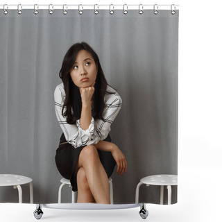 Personality  Pensive Asian Businesswoman Waiting For Job Interview Shower Curtains