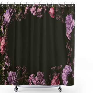 Personality  Beautiful Floral Frame Made Of Pink And Purple Blooming Flowers Isolated On Black Shower Curtains