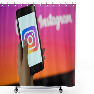 Personality  Female Hand Holding Cellphone With Starting Page Of Instagram Shower Curtains