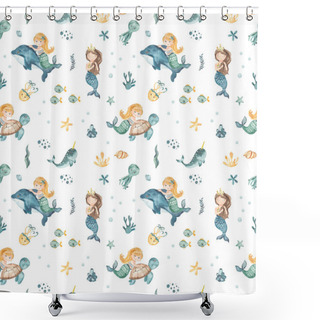 Personality  Cute Mermaid Girl On A Dolphin, Sea Turtle, Shell, Fish, Octopus, Starfish, Algae, Corals, Shells On A White Background Watercolor Seamless Pattern Shower Curtains