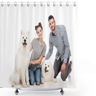 Personality  Happy Couple Sitting With Dogs On White Shower Curtains