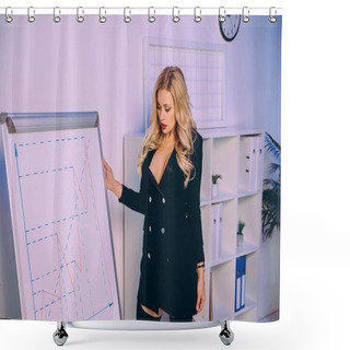 Personality  Seductive Woman Standing In Jacket And Stockings Near Diagram Chart Shower Curtains
