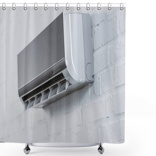 Personality  Close-up Shot Of Modern Air Conditioner Hanging On White Brick Wall Shower Curtains