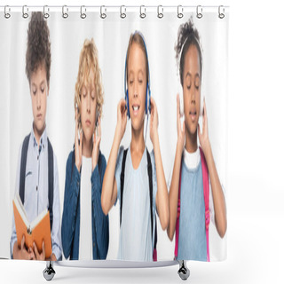Personality  Panoramic Shot Of Multicultural Schoolkids Listening Music In Wireless Headphones Near Curly Boy Reading Book Isolated On White  Shower Curtains