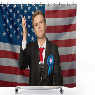 Personality  Displeased Man On Tribune On American Flag Background Shower Curtains