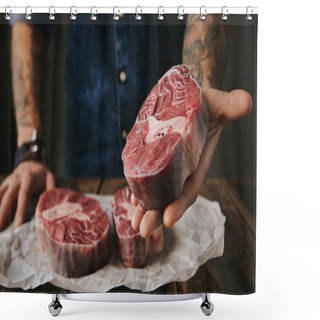 Personality  Man Offers Piece Of Raw Meat Steak Close To Camera To Sell Shower Curtains