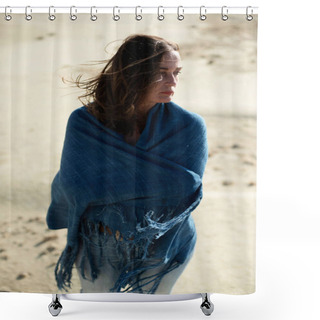 Personality  Brunette Woman In Blue Cloth Standing In Desolate Windy Landscape. Shower Curtains