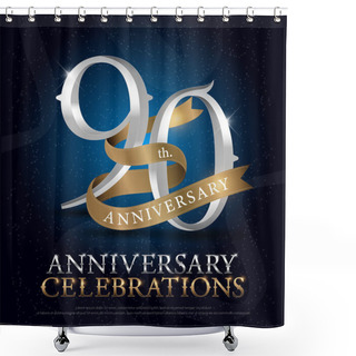 Personality  90th Years Anniversary Celebration Silver And Gold Logo With Golden Ribbon On Dark Blue Background. Vector Illustrator.eps Shower Curtains
