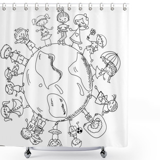 Personality  Cute Children Holding Hands Around The Globe, Black And White Cartoon Picture Shower Curtains