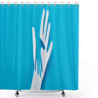Personality  Top View Of Paper Cut Parent And Child Hands On Blue Background, Panoramic Shot Shower Curtains