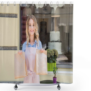Personality  Waitress Holding Paper Bags Shower Curtains