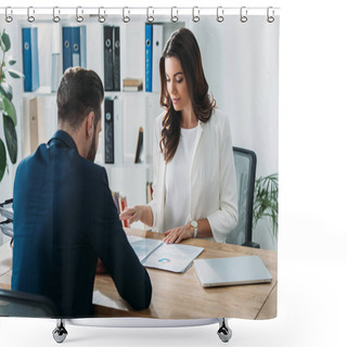 Personality  Selective Focus Of Beautiful Advisor And Investor In Suits Discussing Document At Office  Shower Curtains