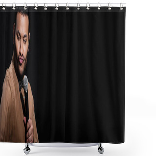 Personality  Skeptical Indian Stand Up Comedian Telling Joke Into Microphone And Pouting Lips Isolated On Black, Banner Shower Curtains
