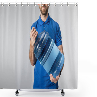 Personality  Cropped View Of Courier Holding Bottled Water Isolated On Blue Shower Curtains