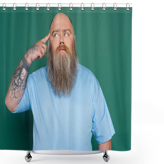 Personality  Tattooed Plus Size Man Touching Head And Looking Away While Thinking Isolated On Green Shower Curtains