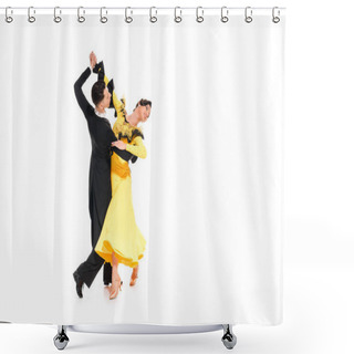Personality  Elegant Young Couple Of Ballroom Dancers Dancing Isolated On White Shower Curtains