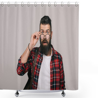 Personality  Surprised Handsome Man Holding Eyeglasses, Isolated On Grey Shower Curtains