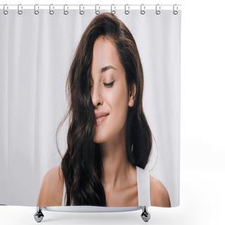 Personality  Smiling Brunette Beautiful Woman With Closed Eyes And Long Healthy And Shiny Hair Isolated On Grey Shower Curtains