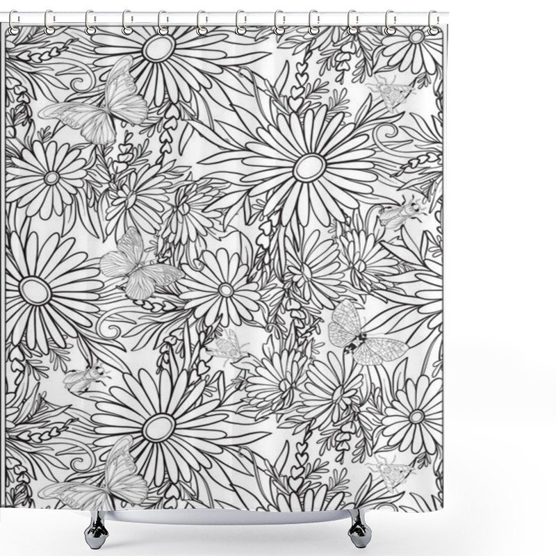 Personality  Floral Seamless Pattern With Butterflies And Bees  In Realistic Botanical Style. Print Shower Curtains