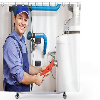 Personality  Technician Repairing An Hot-water Heater Shower Curtains