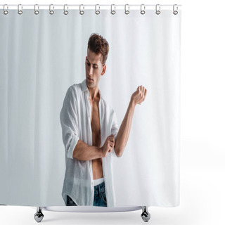 Personality  Handsome Young Man Touching Shirt While Standing On White  Shower Curtains