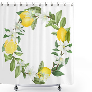 Personality  Wreath Of Hand Drawn Blooming Lemon Tree Branches, Lemon Flowers And Lemons, Isolated Illustration On A White Background Shower Curtains