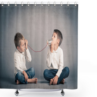 Personality  Brothers Talking With Tin Can Telephone Shower Curtains
