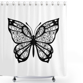 Personality  Butterfly With Patterned Wings. Vector Sign For Tatoo. Black On White Background Shower Curtains
