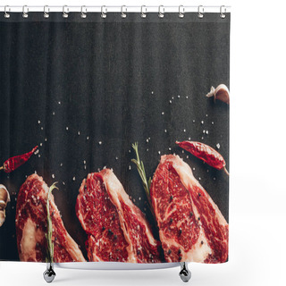 Personality  Elevated View Of Raw Meat Steaks And Spices On Surface In Kitchen Shower Curtains