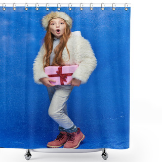 Personality  Winter Joy, Shocked Preteen Girl In Faux Fur Jacket And Hat Holding Gift Box On Turquoise Background Shower Curtains