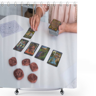 Personality  KYIV, UKRAINE - JUNE 29, 2022: Cropped View Of Fortune Teller Laying Out Tarot Cards Near Star Chart And Blurred Clay Runes Shower Curtains