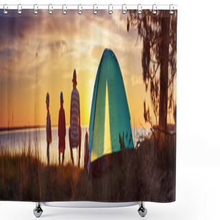 Personality  Family Resting With Tent In Nature At Sunset Shower Curtains