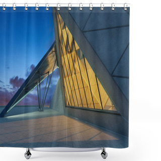 Personality  Contemporary Triangle Shape Design Modern Architecture Building Exterior With Glass, Concrete And Steel Element. Night Scene. Photorealistic 3D Rendering. Shower Curtains