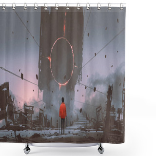 Personality  A Boy Looking At The Bridge That Reaches To The Abandoned Building With Mysterious Light, Digital Painting, Illustration Painting Shower Curtains