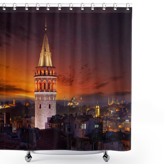Personality  Galata Tower With Illumination Shower Curtains