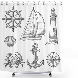 Personality  Anchor, Wheel, Sailing Ship, Compass Rose, Shell, Crab, Lighthouse Engraving Shower Curtains