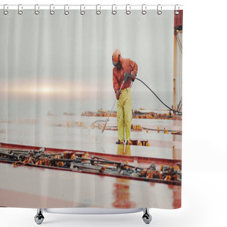 Personality  Seaman Seafarer In Safety Clothes Working On Deck Hatch Holding  Shower Curtains