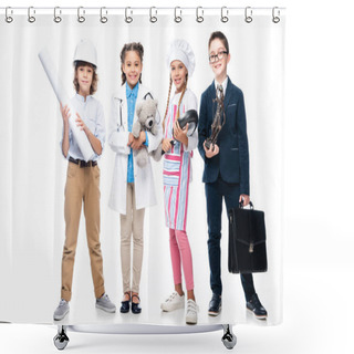 Personality  Happy Schoolchildren In Costumes Of Different Professions Isolated On White Shower Curtains